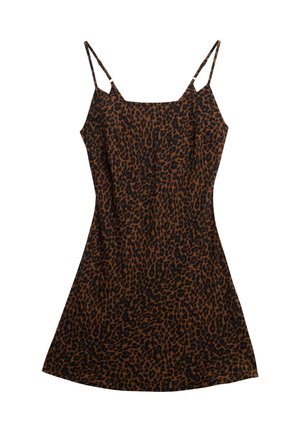 Robe à imprimé léopard en marron et noir, avec des bretelles spaghetti, un décolleté droit et une silhouette évasée. Fabriquée en tissu léger.