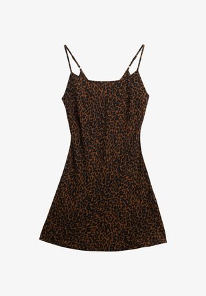 Robe à imprimé léopard en marron et noir, avec des bretelles spaghetti, un décolleté droit et une silhouette évasée. Fabriquée en tissu léger.
