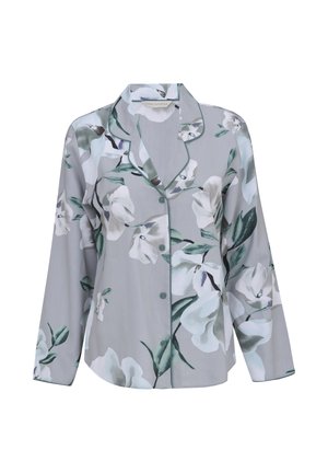 Haut de pyjama gris à manches longues avec boutons, imprimé floral blanc et vert, et passepoil vert le long du col et du bord avant.