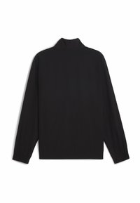 Giacca nera con colletto rialzato, maniche lunghe, polsini elastici e retro testurizzato. Il materiale sembra liscio e leggero.