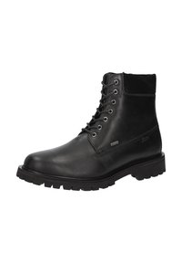 Stivaletti neri in pelle con finitura liscia, punta rotonda e accenti in suede texturizzato. Design con lacci e suola robusta con battistrada.