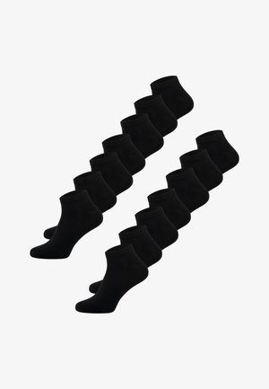 Czarne skarpetki do kostek w zestawie dwunastu par. Wykonane z miękkiego materiału z prążkowanym ściągaczem, charakteryzujące się prostym designem i gładką fakturą.