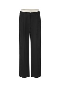 Black straight-leg trousers with a white elastic waistband and belt loops, flat front design.