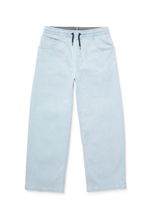 Pantalon en denim bleu clair avec jambes larges, taille élastique et fermeture par cordon de serrage. Comprend deux poches latérales et une texture lisse.