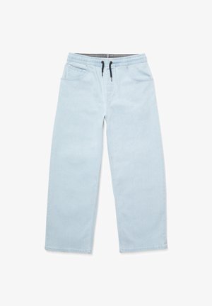 Pantalones de mezclilla azul claro con piernas anchas, cinturilla elástica y cierre de cordón. Cuenta con dos bolsillos laterales y una textura suave.