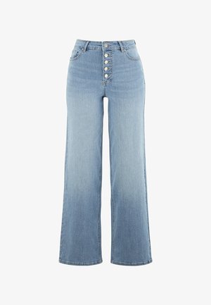 Hellblaue High-Waist-Jeans mit weitem Bein, die an der Vorderseite mit fünf metallischen Knöpfen versehen sind und eine dezente Farbverblassung auf dem Stoff aufweisen.