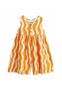 Ärmelloses Kleid mit einem orange-weißen Wellenmuster, das über eine gerippte Textur und drei Holzknöpfe am Ausschnitt verfügt.