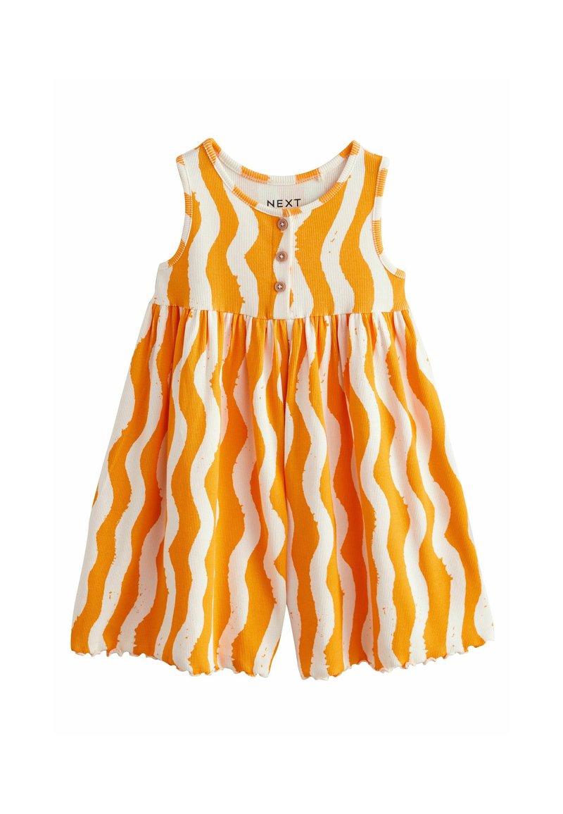 Ärmelloses Kleid mit einem orange-weißen Wellenmuster, das über eine gerippte Textur und drei Holzknöpfe am Ausschnitt verfügt.