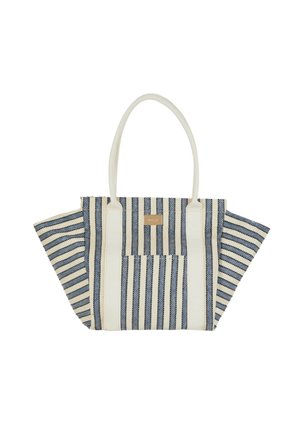 Borsa a righe con linee verticali e orizzontali blu navy, bianca e beige, dotata di due spallacci e una tasca frontale.