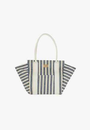 Borsa a righe con linee verticali e orizzontali blu navy, bianca e beige, dotata di due spallacci e una tasca frontale.