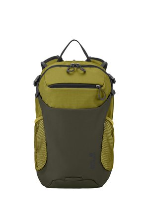 Sac à dos vert et gris foncé avec deux compartiments zippés, poches latérales en mesh et poignée de transport sur le dessus, vu de face.