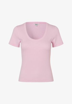 Hellrosa kurzärmliges, geripptes Strickoberteil mit U-Boot-Ausschnitt und figurbetonter Silhouette, Größe S.