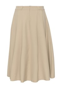 Beige pleated skirt with a smooth texture, featuring a waistband and a back zipper, designed for a flowing silhouette.