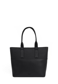 Black tote bag made of textured synthetic material. Rectangular shape with two sturdy handles and a subtle logo on the front.