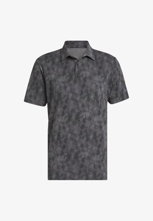 Polo de manga corta en gris oscuro con un sutil patrón jaspeado, tapeta de dos botones y un pequeño logo en la manga izquierda.