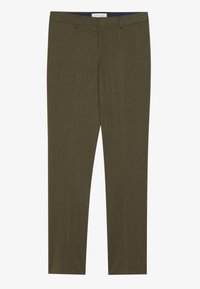 Olivegrüne, maßgeschneiderte Hosen aus glattem Stoff, mit flachem Bund, geradem Schnitt und Gürtelschlaufen für Accessoires.