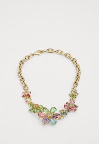 Gold chain necklace featuring colorful floral accents with various gemstones, including pink, blue, and green, secured with a lobster clasp.