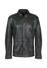 Schwarze Lederjacke mit langen Ärmeln, durchgehendem Knopfverschluss und klassischem Kragen, gezeigt vor weißem Hintergrund.