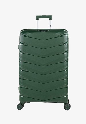 Maleta rígida de color verde oscuro con un diseño de espigas. Cuenta con un mango retráctil, cuatro ruedas y asas laterales para facilitar su transporte.