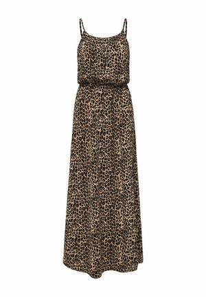 Maxi šaty bez rukávov s tenkými ramienkami, s béžovým a čiernym leopardím vzorom a zúženým pásom.