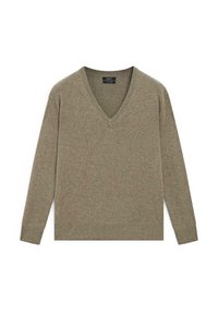 Pull en maille mélangée laine vert olive à col en V. Manches longues avec poignets et ourlet côtelés. Texture douce avec un motif chiné subtil sur l'ensemble.