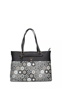 Borsa tote nera e decorata con motivi geometrici e circolari, doppio manico, tasca con cerniera sul fronte e logo e hardware in tonalità dorata.