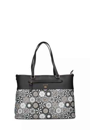 Borsa tote nera e decorata con motivi geometrici e circolari, doppio manico, tasca con cerniera sul fronte e logo e hardware in tonalità dorata.