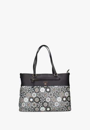 Borsa tote nera e decorata con motivi geometrici e circolari, doppio manico, tasca con cerniera sul fronte e logo e hardware in tonalità dorata.