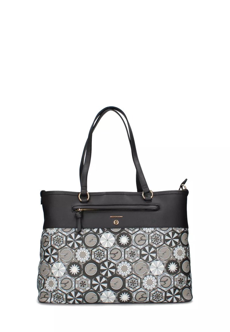 Borsa tote nera e decorata con motivi geometrici e circolari, doppio manico, tasca con cerniera sul fronte e logo e hardware in tonalità dorata.
