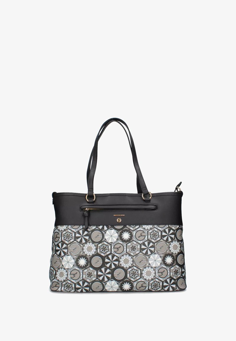 Borsa tote nera e decorata con motivi geometrici e circolari, doppio manico, tasca con cerniera sul fronte e logo e hardware in tonalità dorata.