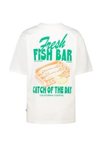 White cotton t-shirt featuring colorful print on back: "Fresh Fish Bar" in green, sardine can illustration in orange, and "Catch of the Day" text.