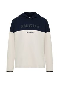 Felpa con cappuccio di colore blu navy sopra e crema sotto, con la scritta "UNIQUE" e "MOMENT" in un carattere decorativo. Tessuto in misto cotone.