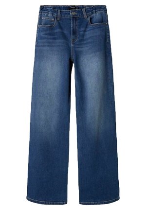 Wijde spijkerbroeken in donkerblauw met een klassiek ontwerp van vier zakken, gestikte naden en een tailleband met riemlussen.