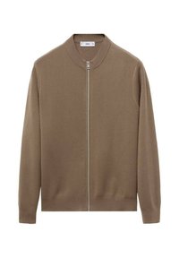 Bruine lange mouwen rits cardigan met geribde kraag, manchetten en zoom, plat weergegeven op een witte achtergrond.
