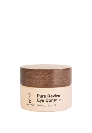 Barattolo Pure Revive Eye Contour con esterno in crema opaca e coperchio in legno scuro. Testo dell'etichetta in nero. Capacità: 30 ml. Texture morbida.