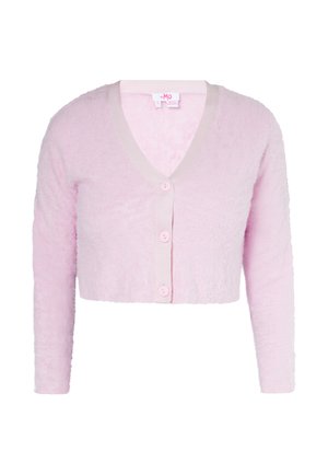 Cardigan corto peloso rosa chiaro con maniche lunghe e tre bottoni abbinati davanti, collo a V.