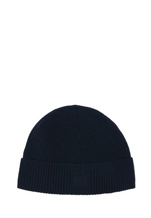 Black ribbed knit beanie hat with folded cuff featuring a small embossed logo on the front center.