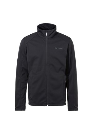Schwarze Softshelljacke mit hohem Kragen, durchgehendem Reißverschluss und Seitentaschen. Ausgezeichnet durch glattes Material und dezente Markenlogo auf der Brust.