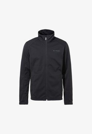 Schwarze Softshelljacke mit hohem Kragen, durchgehendem Reißverschluss und Seitentaschen. Ausgezeichnet durch glattes Material und dezente Markenlogo auf der Brust.