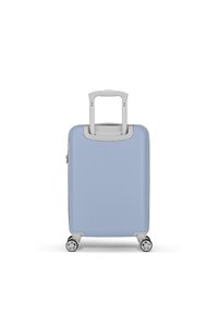 Harde handbagagekoffer in lichtblauw, met een uitschuifbare grijze handgreep, soepel glijdende wielen en een gestructureerd oppervlak.