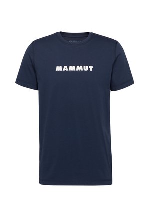 Navyblauw T-shirt met korte mouwen, ronde hals en opvallende witte "MAMMUT"-tekst gecentreerd op de borst.