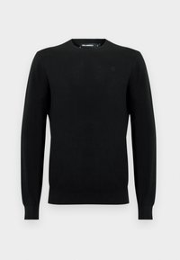 Juodas megztinis su apvalia iškirpte ir ilgomis rankovėmis. Ant krūtinės yra subtilus logotipas, rankogaliai ir apačia elastingi.