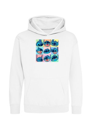 Hvid hættetrøje med et gitter af ni farverige firkanter, der viser forskellige ansigtsudtryk af den blå karakter Stitch fra Lilo & Stitch.