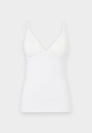 Camisola branca sem mangas com alças finas, apresentando um design em V e um tecido liso e leve com uma silhueta ajustada.