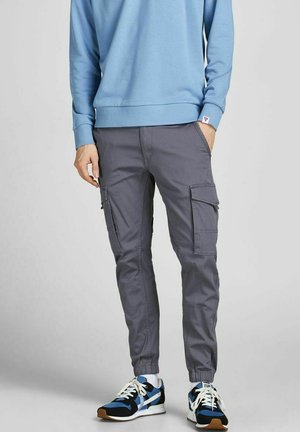 Grijze cargobroek met zijzakken, tapered fit, elastische boorden, gecombineerd met een lichtblauwe sweatshirt en meerkleurige sportschoenen.