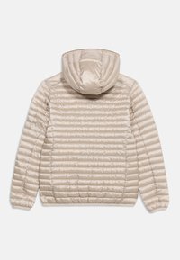 Μπεζ καπιτονέ μπουφάν με οριζόντια ραφή, ελαστικές μανσέτες και επενδεδυμένη κουκούλα, απεικονισμένο από πίσω σε λευκό φόντο.