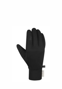Schwarze Handschuhe aus einem weichen, dehnbaren Material. Figurbetontes Design mit einer strukturierten Handfläche. Mit einem Bündchen und einem Etikett am Handgelenk.