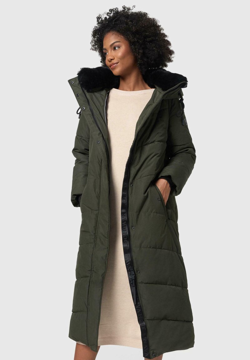 Long, olive green puffer coat with a black faux fur collar, zip front, and snap buttons. Features quilted sections and side pockets.