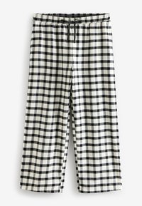 Pantaloni da pigiama a quadri bianco e nero con vita elastica e coulisse nera, mostrati stesi su sfondo bianco.