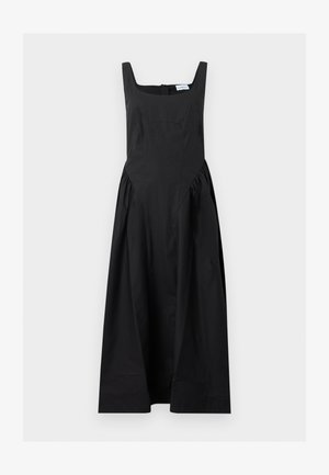 Robe midi noire sans manches avec encolure carrée et corsage ajusté, jupe évasée et légers fronces à la taille.
